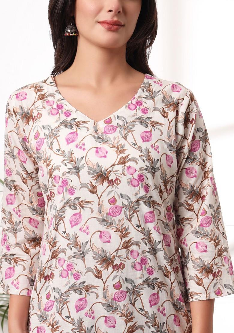 White Floral Print Cotton Kurta Set