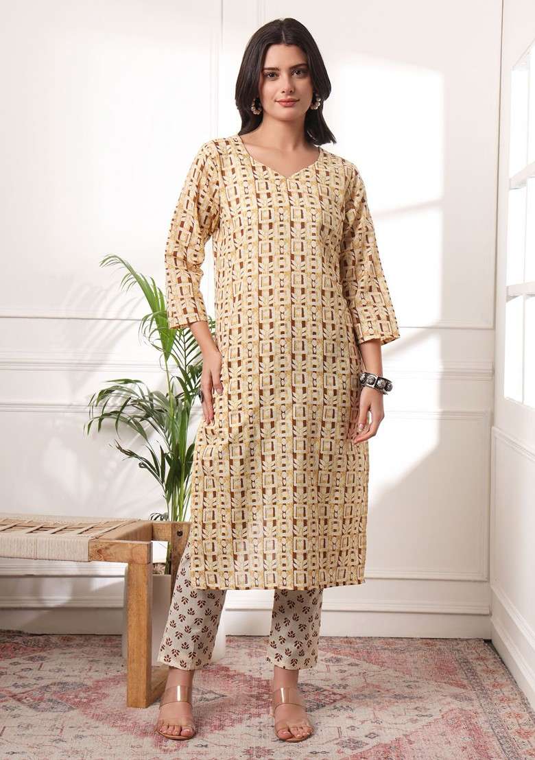 Cream Printed Cotton Straight Kurta Set - Indya