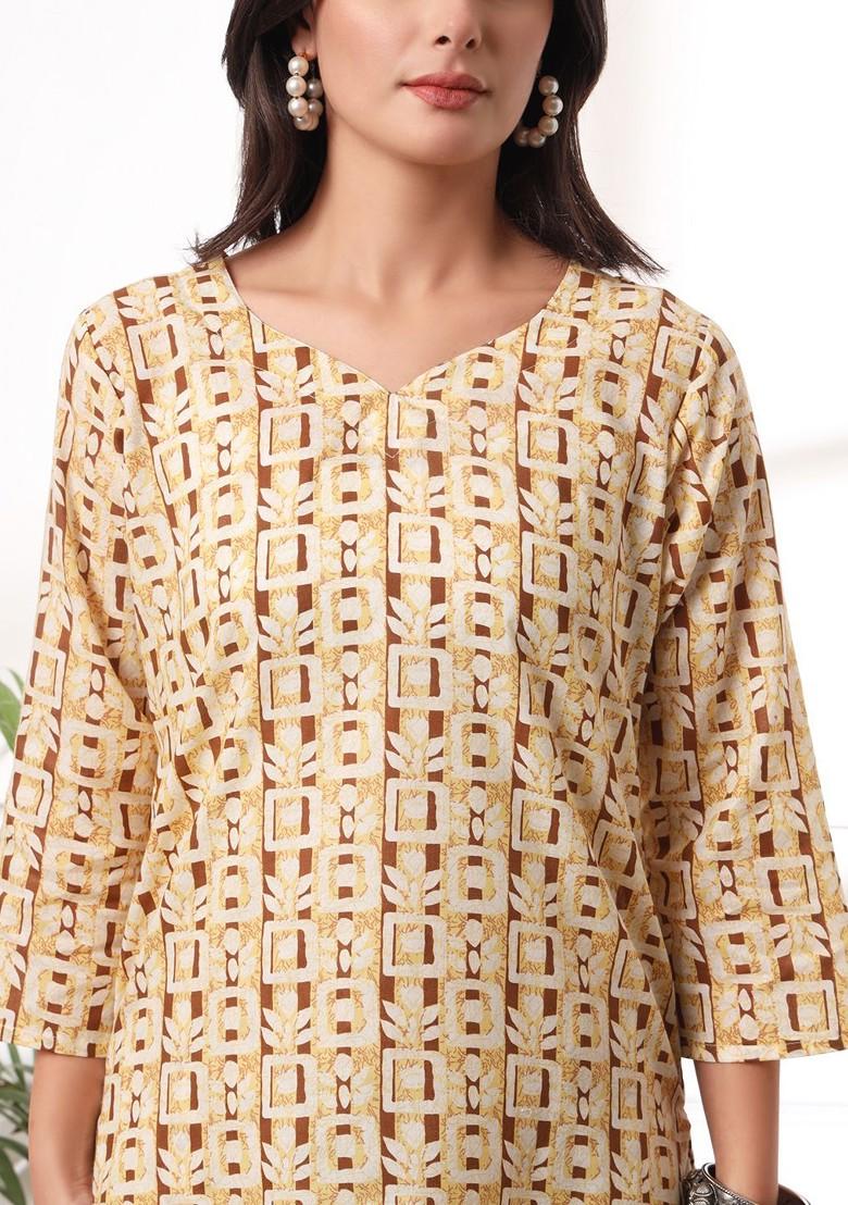 Cream Printed Cotton Kurta Set