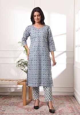 White Ethnic Motifs Embroidery Cotton Kurta Set