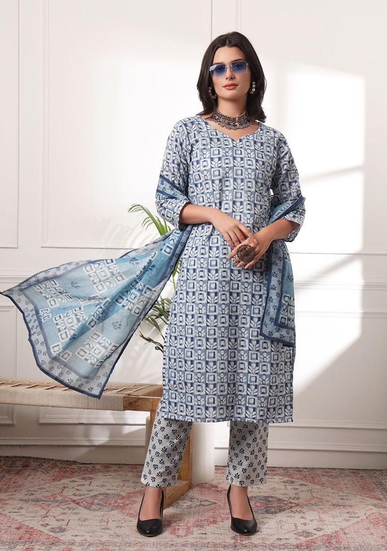 White Ethnic Motifs Embroidery Cotton Kurta Set