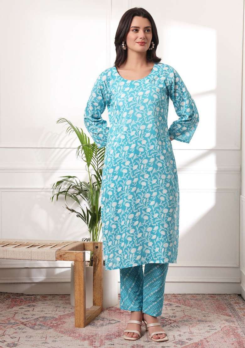 Turquoise Blue Floral Print Cotton Straight Kurta Set - Indya