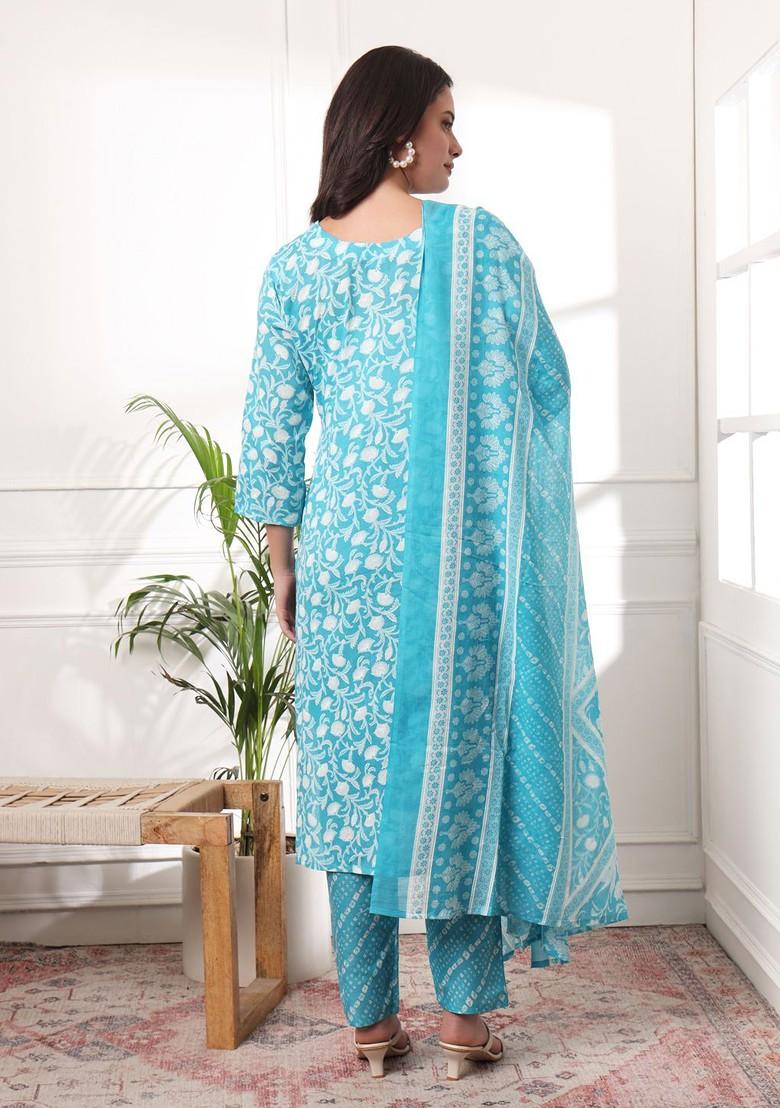 Turquoise Blue Floral Print Cotton Kurta Set