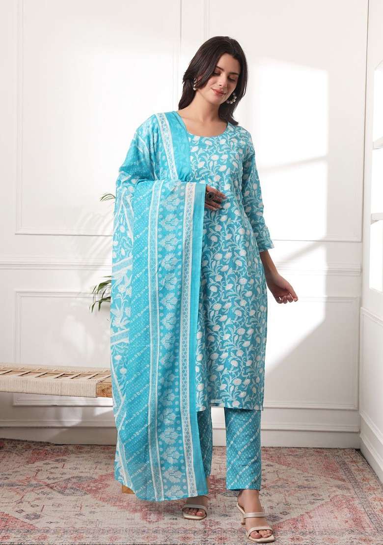 Turquoise Blue Floral Print Cotton Straight Kurta Set - Indya