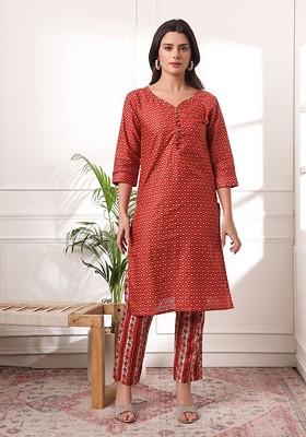 Maroon Ethnic Motifs Embroidery Cotton Kurta Set