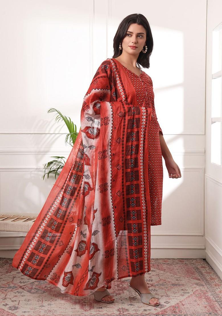 Maroon Ethnic Motifs Embroidery Cotton Kurta Set