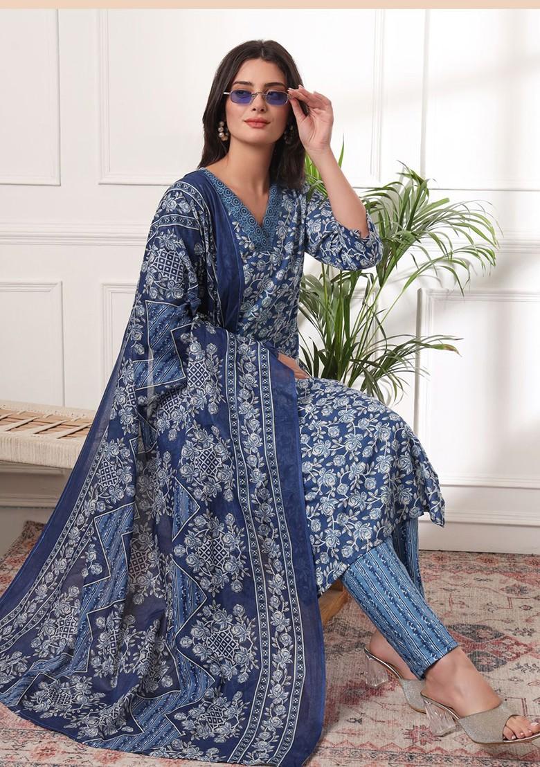 Blue Floral Print Cotton Kurta Set