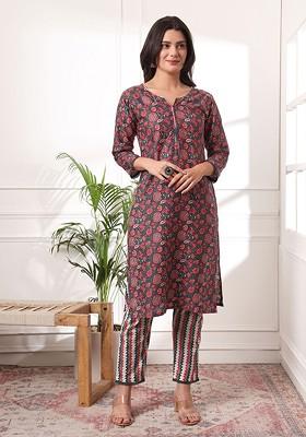 Red Floral Print Cotton Kurta Set