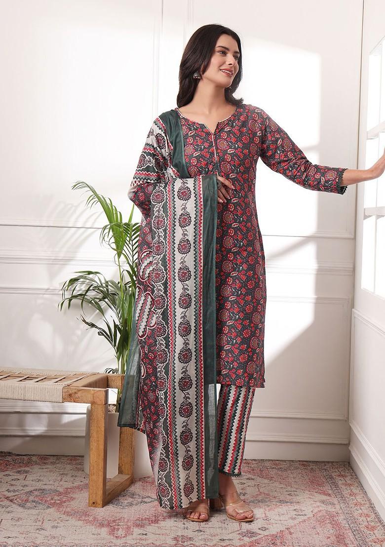 Red Floral Print Cotton Kurta Set