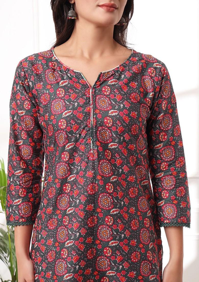 Red Floral Print Cotton Kurta Set