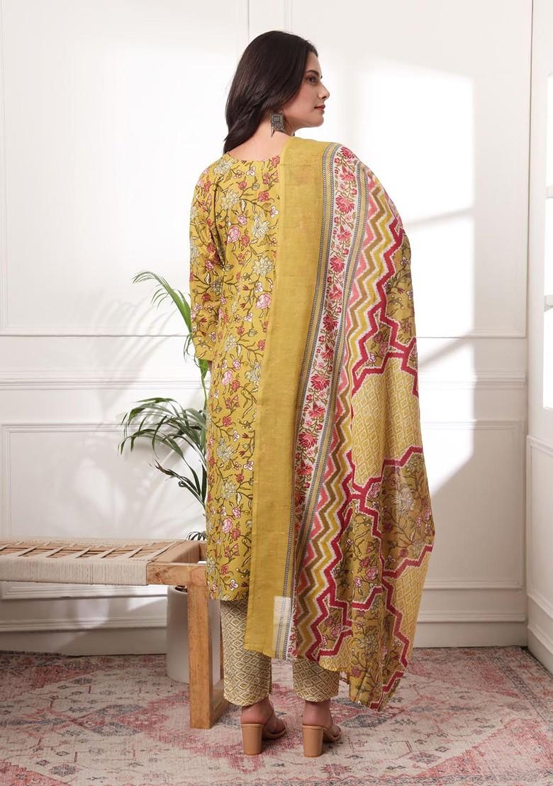Yellow Floral Print Cotton Kurta Set