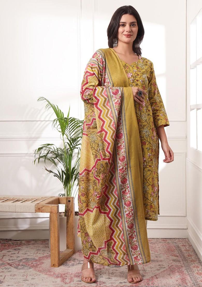 Yellow Floral Print Cotton Kurta Set