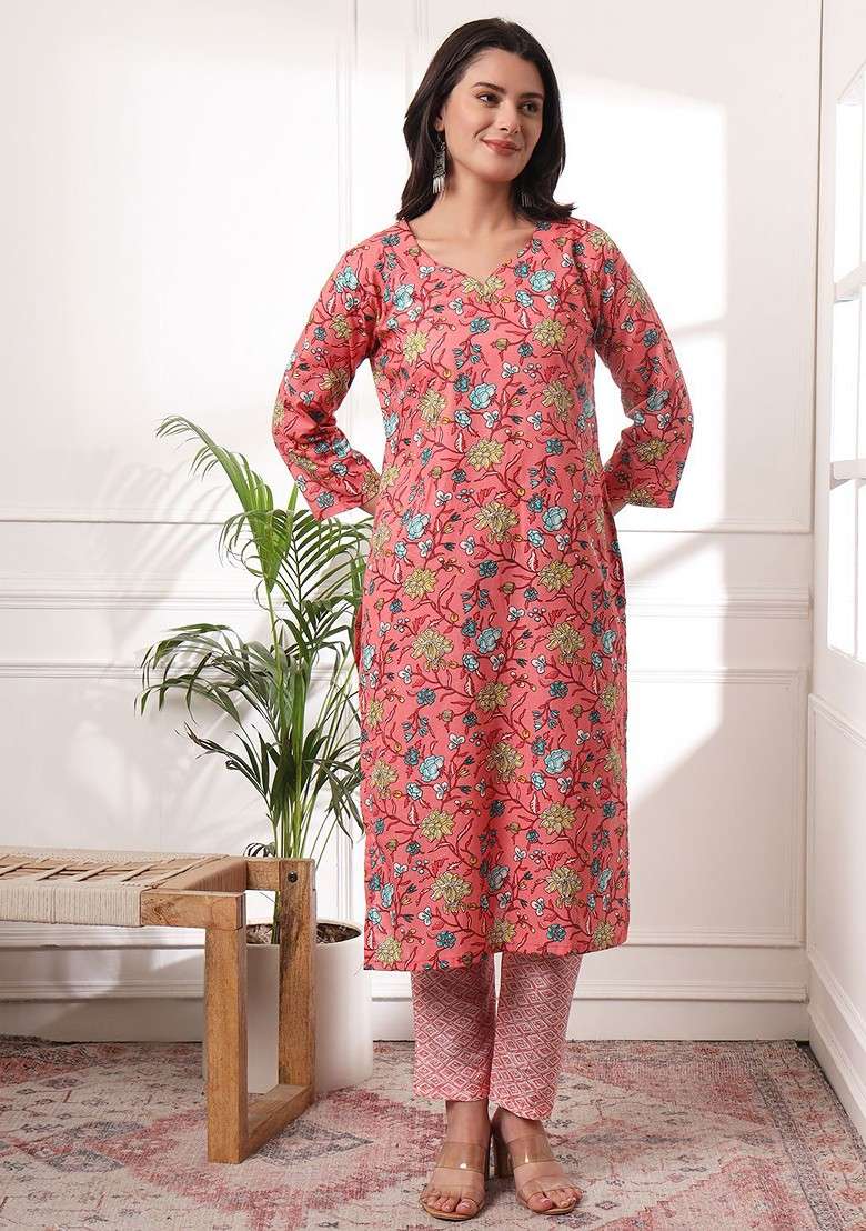 Rust Floral Print Cotton Straight Kurta Set - Indya