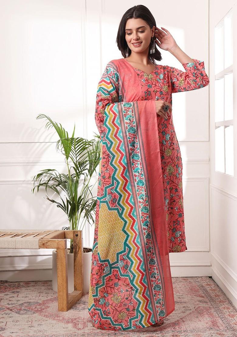 Rust Floral Print Cotton Kurta Set