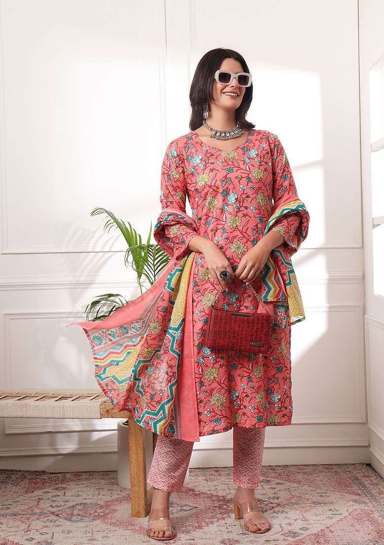 Rust Floral Print Cotton Straight Kurta Set - Indya
