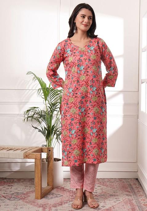 Rust Floral Print Cotton Straight Kurta Set