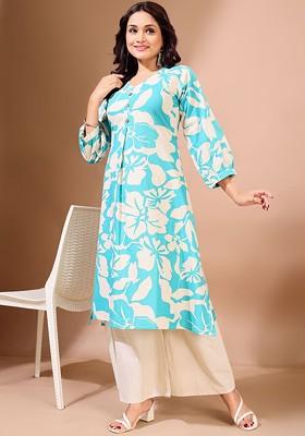 Turquoise Blue Floral Print Cotton Kurta Set