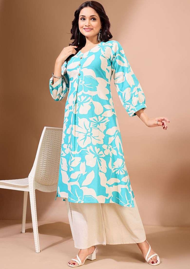 Turquoise Blue Floral Print Cotton Straight Kurta Set - Indya