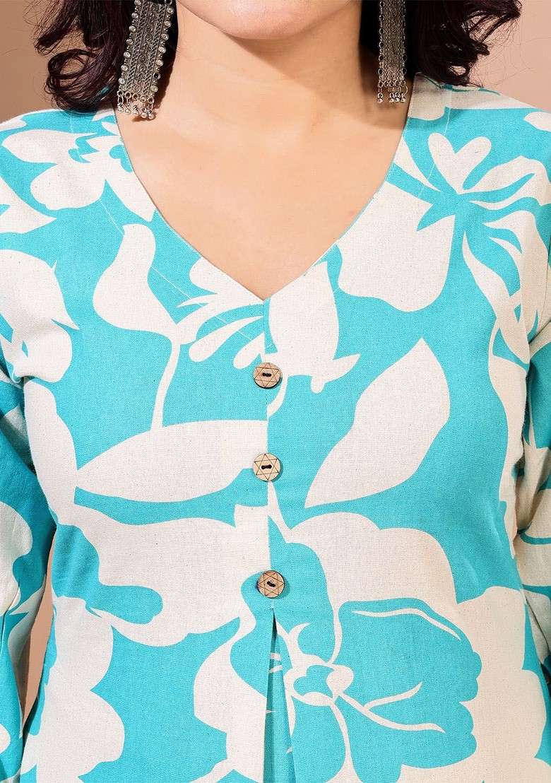 Turquoise Blue Floral Print Cotton Straight Kurta Set - Indya