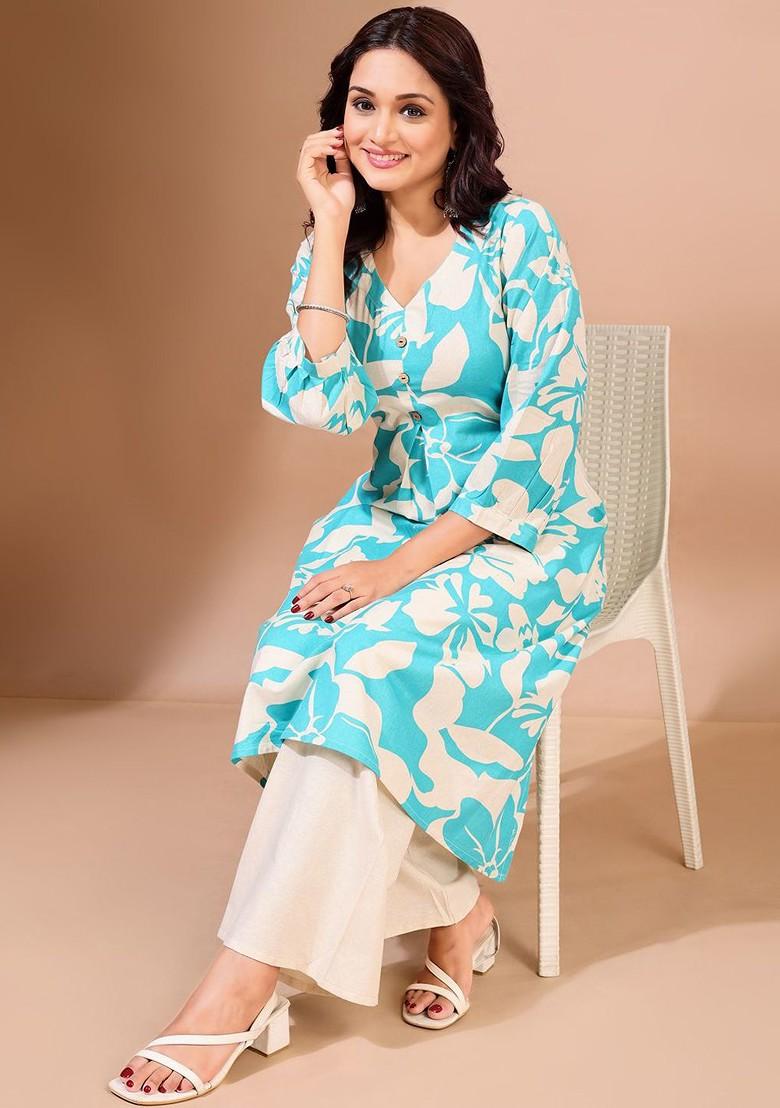 Turquoise Blue Floral Print Cotton Kurta Set