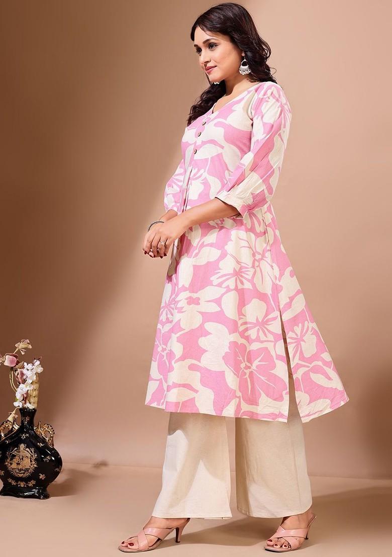 Pink Floral Print Cotton Kurta Set
