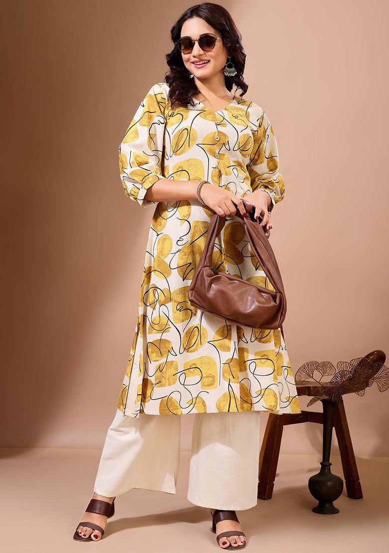 Yellow Floral Print Cotton Kurta Set
