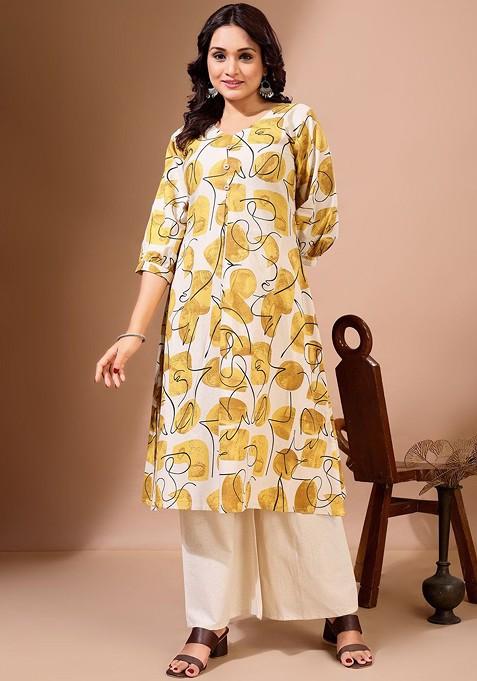 Yellow Floral Print Cotton A Line Kurta Set