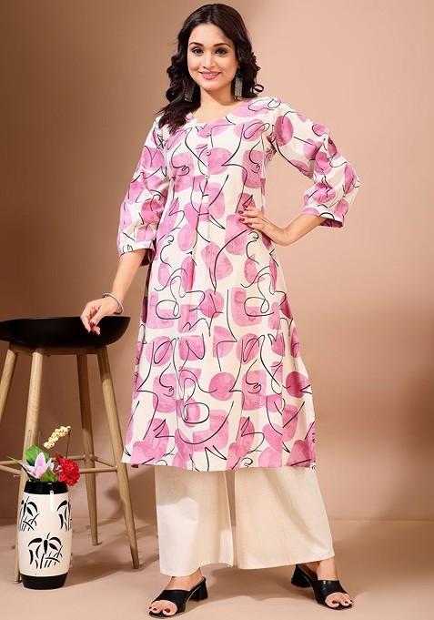 Pink Floral Print Cotton Straight Kurta Set