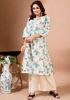 White Floral Print Cotton Kurta Set