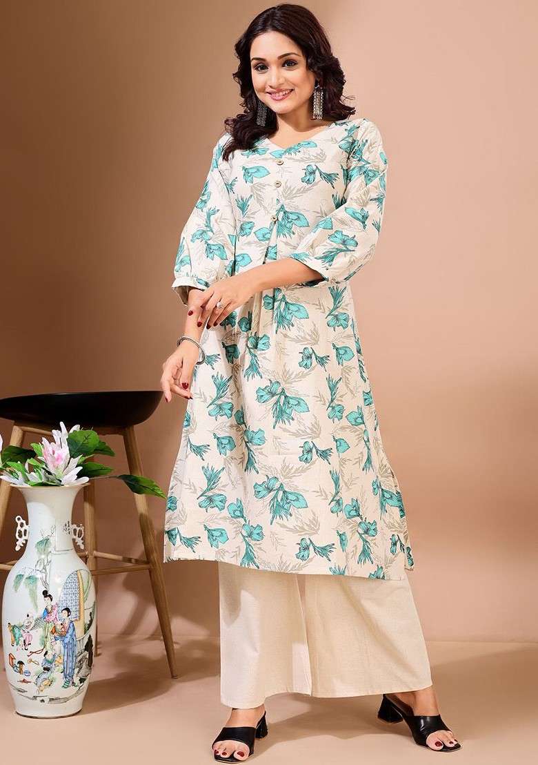 White Floral Print Cotton Straight Kurta Set - Indya