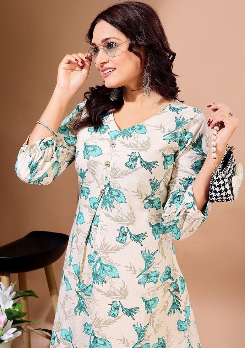 White Floral Print Cotton Kurta Set