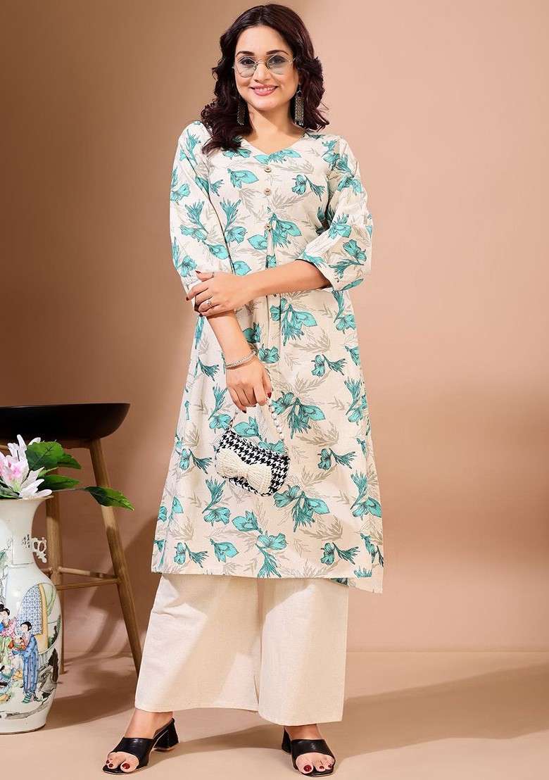 White Floral Print Cotton Straight Kurta Set - Indya