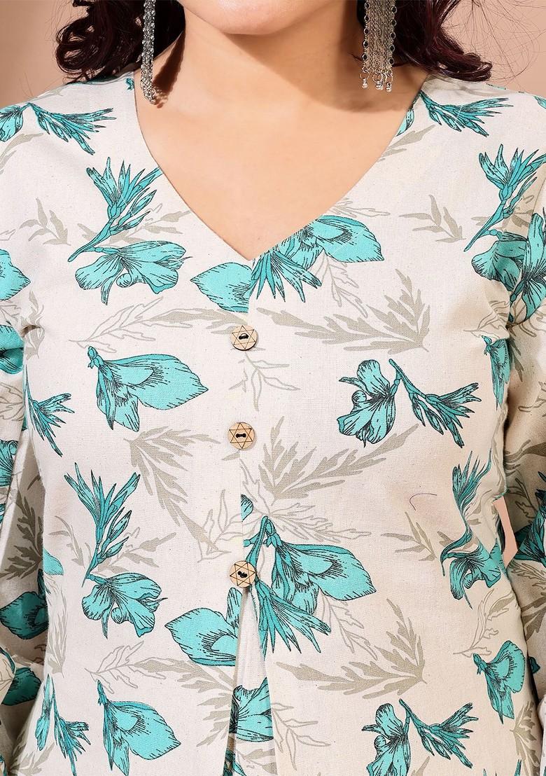 White Floral Print Cotton Kurta Set