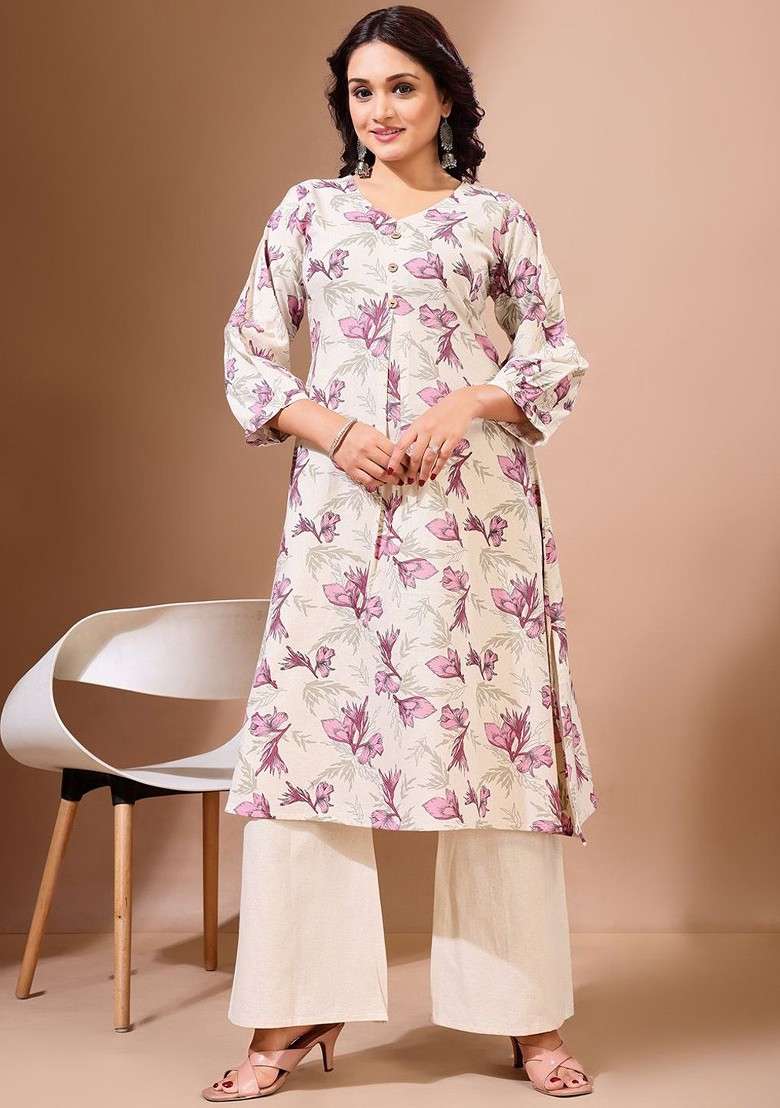 Off White Floral Print Cotton Kurta Set - Indya