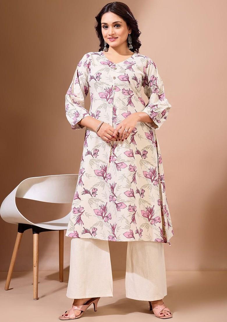 Off White Floral Print Cotton Kurta Set