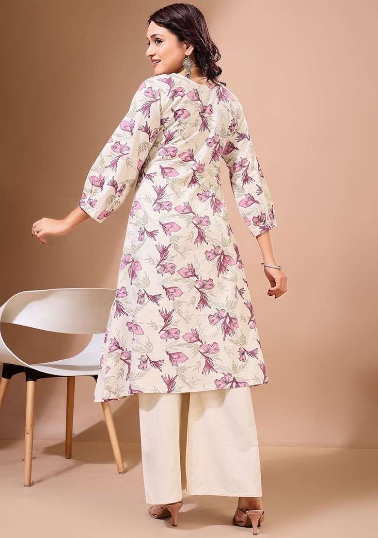 Off White Floral Print Cotton Kurta Set - Indya