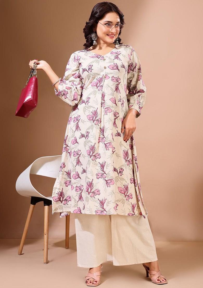 Off White Floral Print Cotton Kurta Set