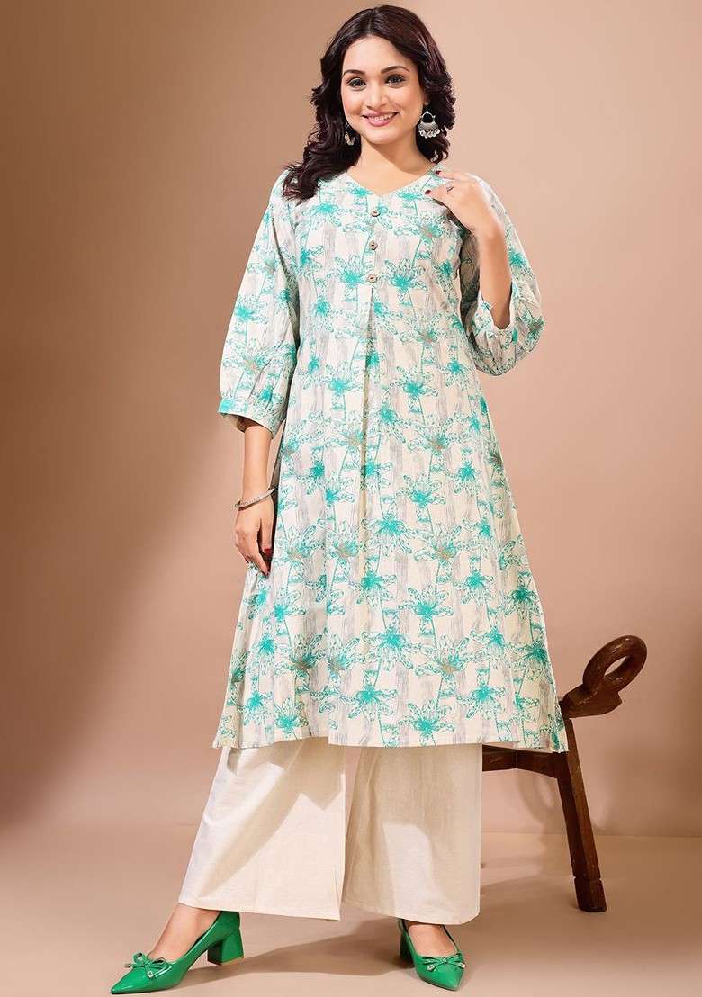 White Floral Print Cotton Kurta Set - Indya