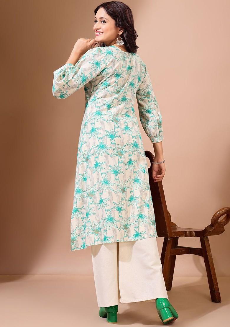 White Floral Print Cotton Kurta Set