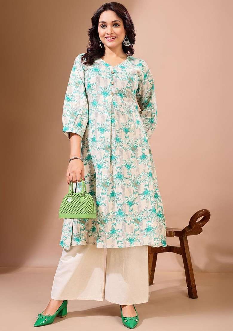 White Floral Print Cotton Kurta Set - Indya