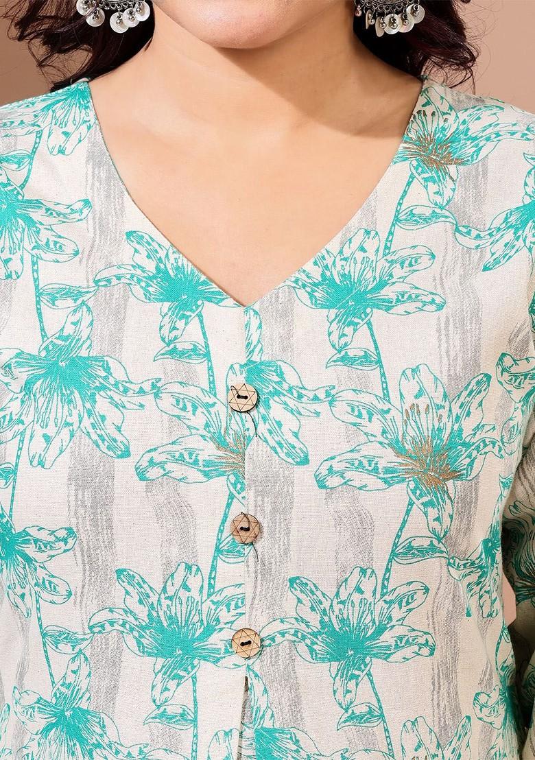 White Floral Print Cotton Kurta Set