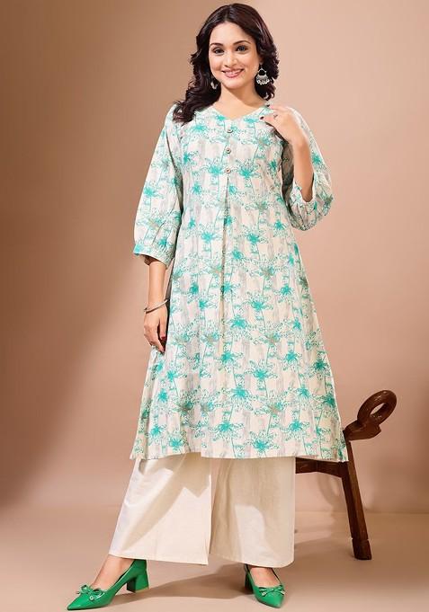 White Floral Print Cotton Kurta Set