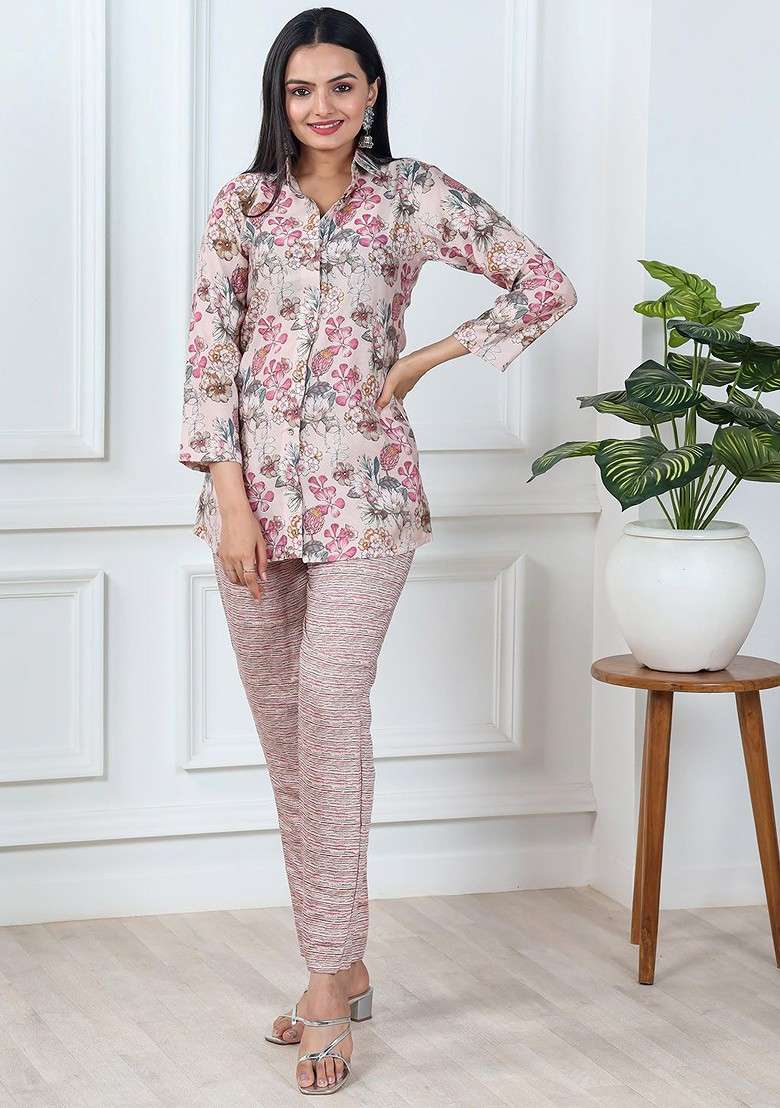 Beige Printed Blended Co Ord Set - Indya