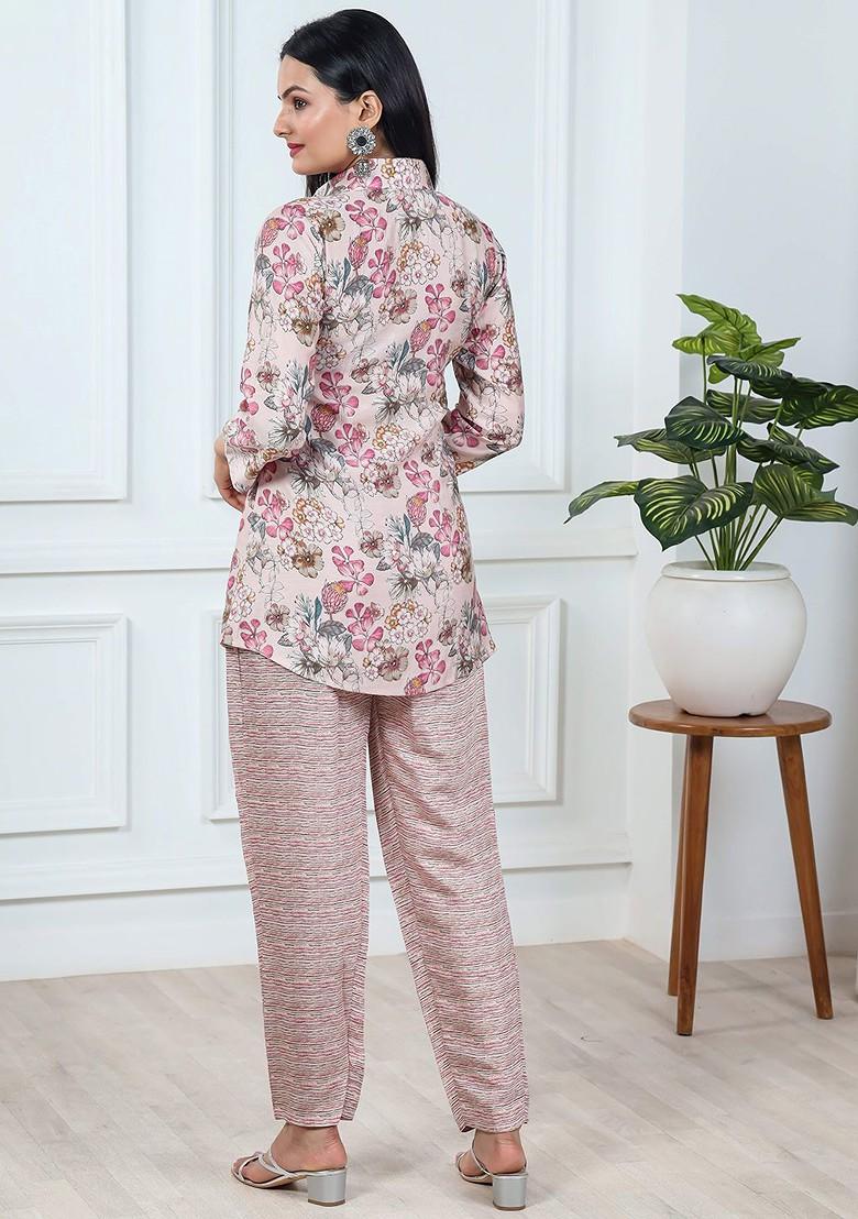 Beige Printed Poly Blend Co-Ord Set