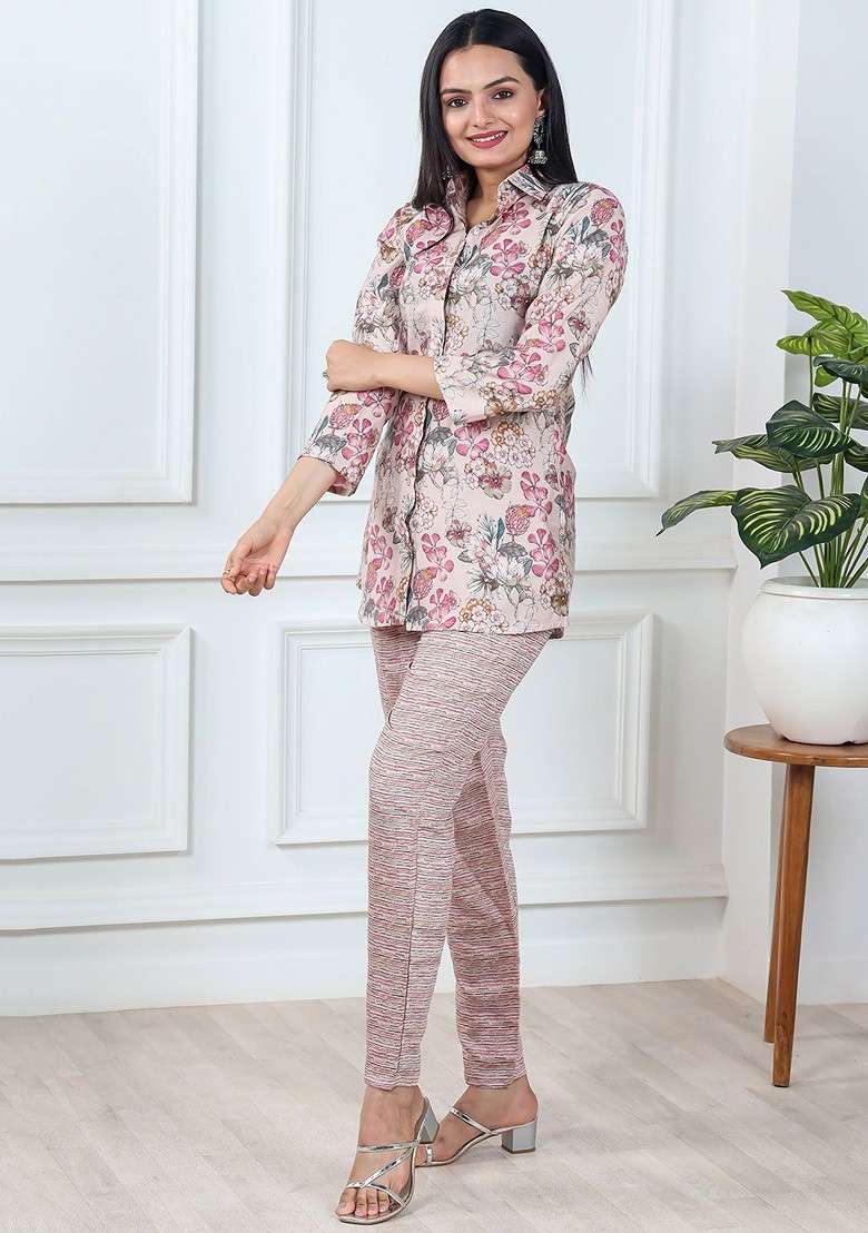 Beige Printed Blended Co Ord Set - Indya