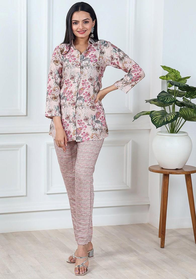 Beige Printed Poly Blend Co-Ord Set