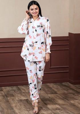 White Printed Poly Blend Co-Ord Set