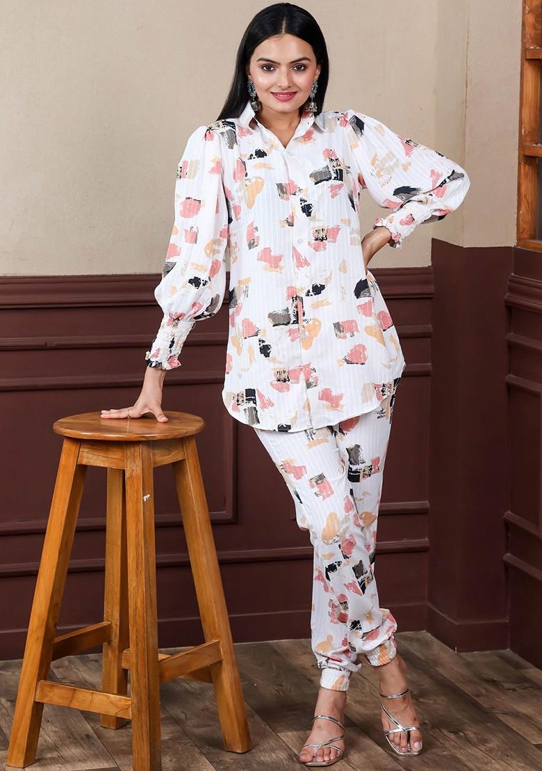 White Printed Poly Blend Co-Ord Set