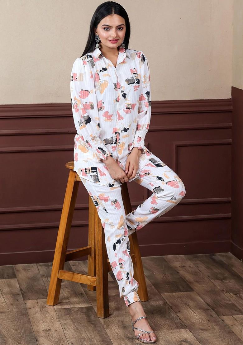 White Printed Poly Blend Co-Ord Set