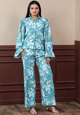 Blue Floral Print Poly Blend Co-Ord Set